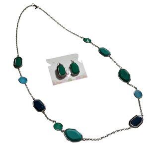 Premier Designs Silver-Tone Blue& Green Bead Charm Station Necklace & Earrings